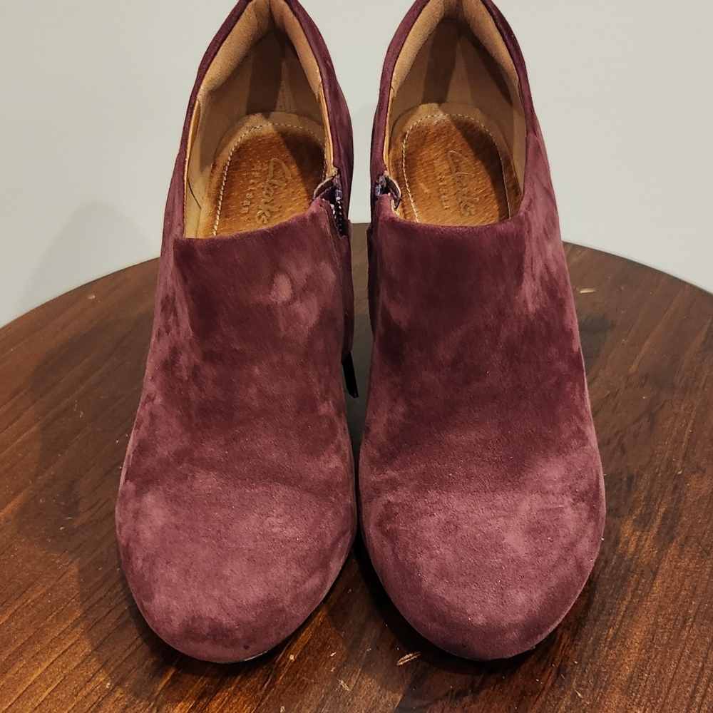 Clarks Rich Wine Suede Ankle Booties